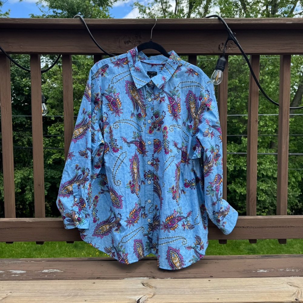 Talbots Blue and Purple Swirley Paisley Cotton Button Down Shirt 3x